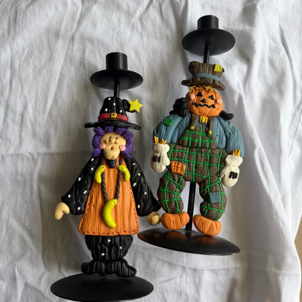 Vintage Set of 2 Halloween Candle Holders Witch Scarecrow Clay Figures